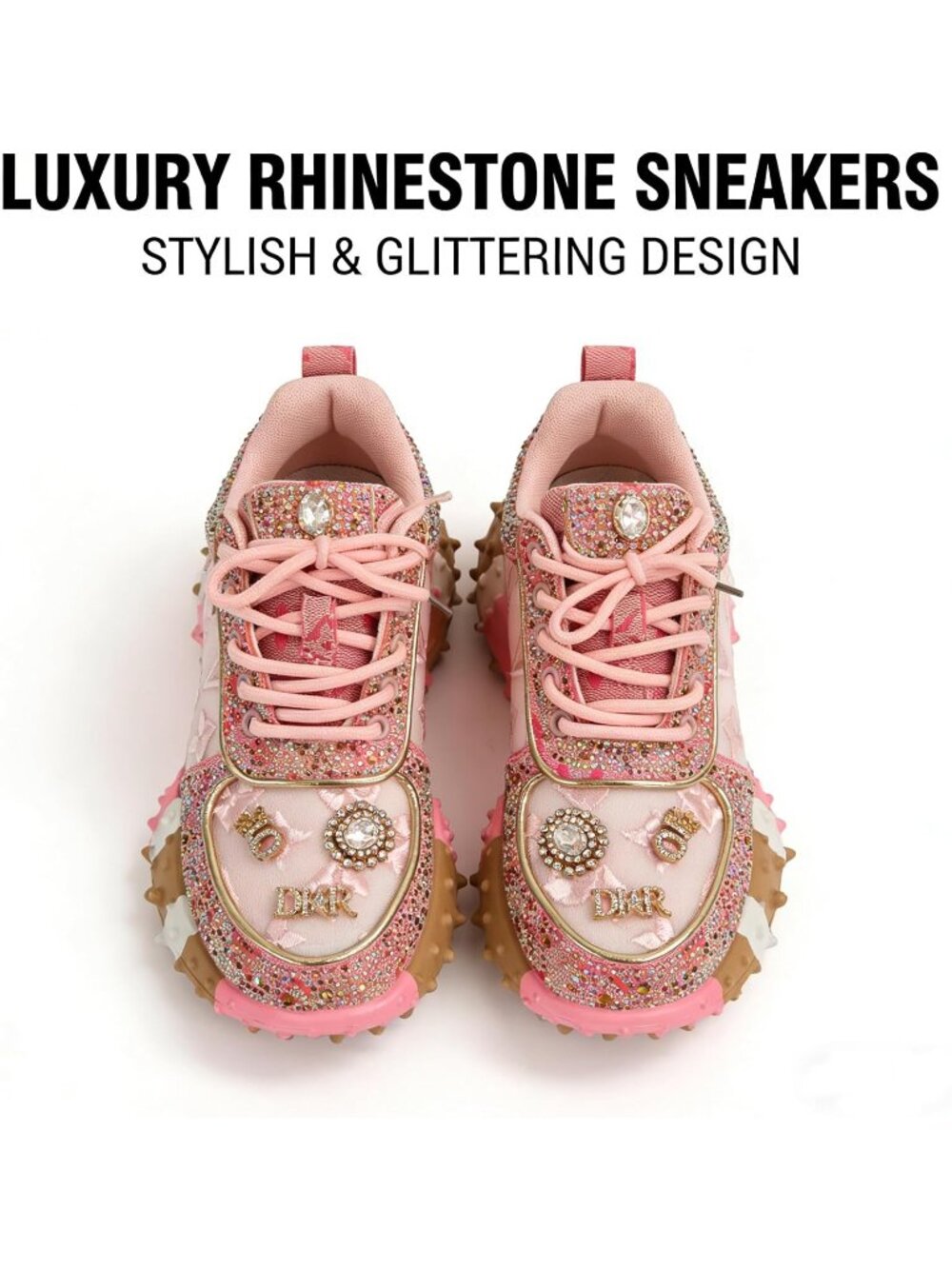 Women's Pink Fashion Bling Rhinestone Glitter Chunky Comfort Casual Sneakers - Picture 4 of 6